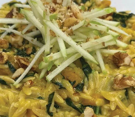 Squash and apple orzo with grana and roasted walnuts
