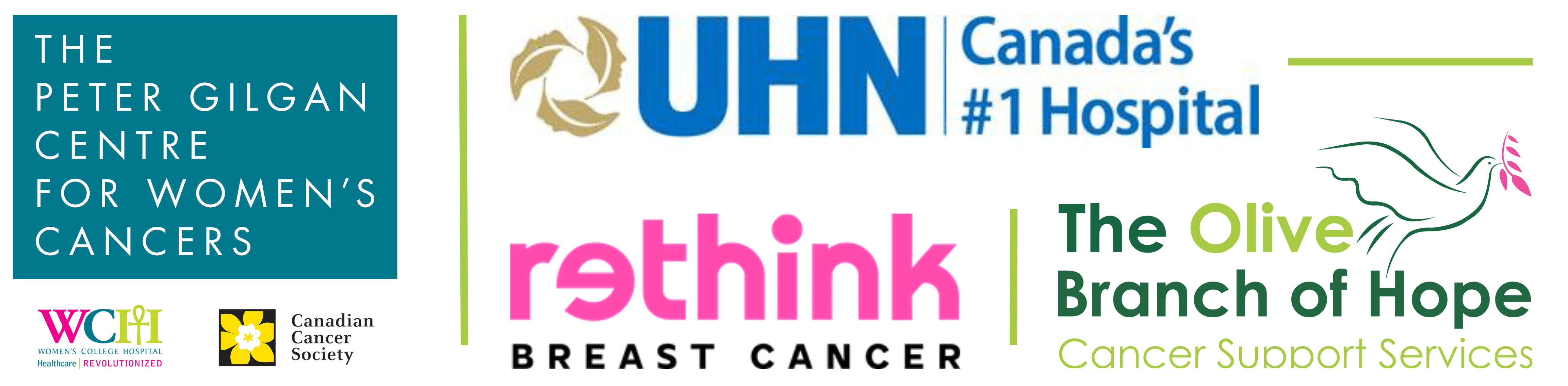 Les logos du Peter Gilgan Centre for Women’s Cancers, Women’s College Hospital, société canadienne du cancer, Universal Health Network, Olive Branch of Hope et ReThink Breast Cancer.