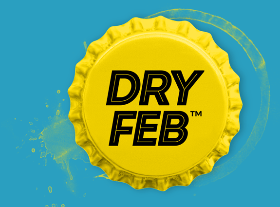 A cartoon drawing of a bottle cap with the words Dry Feb 