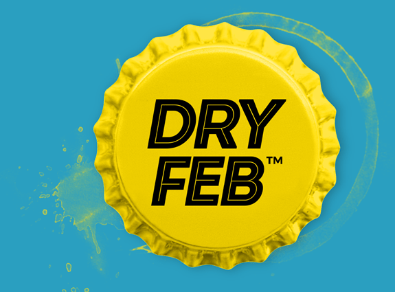 A cartoon drawing of a bottle cap with the words Dry Feb.