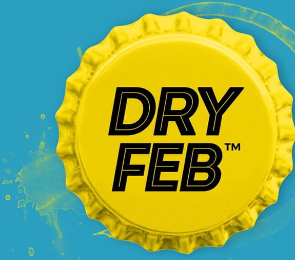A cartoon drawing of a bottle cap with the words Dry Feb 