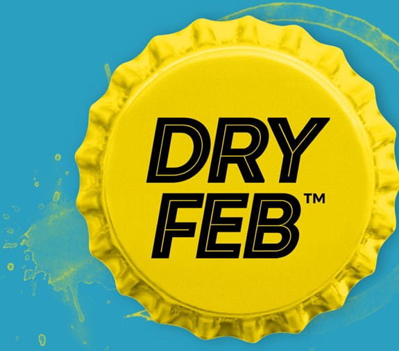 A cartoon drawing of a bottle cap with the words Dry Feb