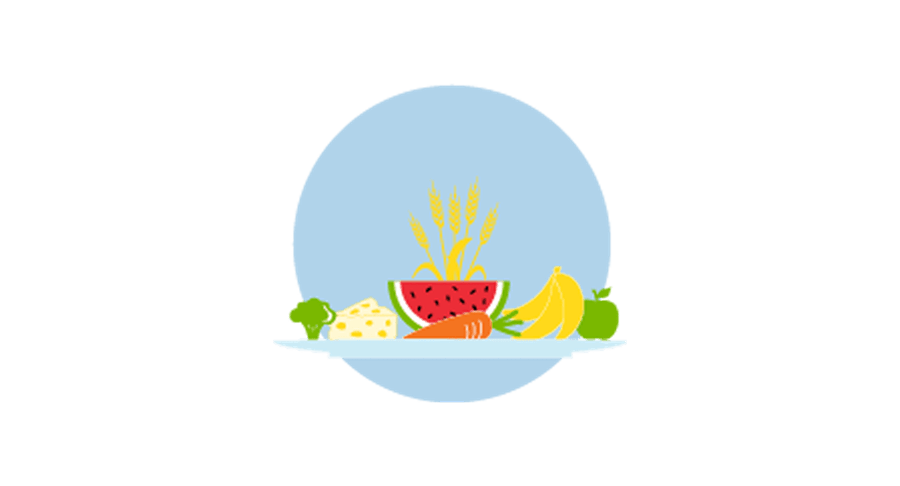 An icon of a plate with vegetables and fruit on it.