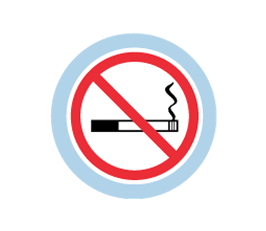 Une icône d’une cigarette allumée. Un cercle rouge traversé d’une ligne diagonale rouge indique une interdiction de fumer.