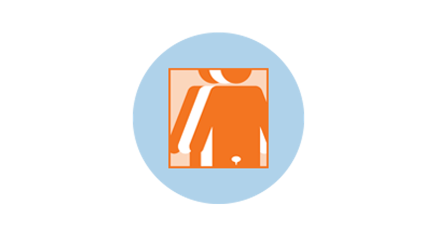 An icon for bladder cancer showing 3 figures. The orange figure in front has an outline of the bladder.