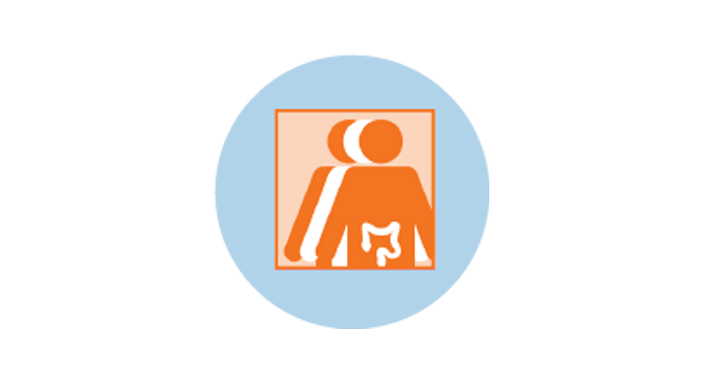 An icon for colorectal cancer showing 3 figures. The orange figure in front has an outline of the large intestine.