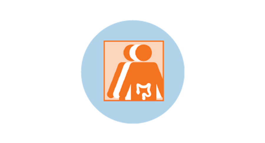 An icon for colorectal cancer showing 3 figures. The orange figure in front has an outline of the large intestine.