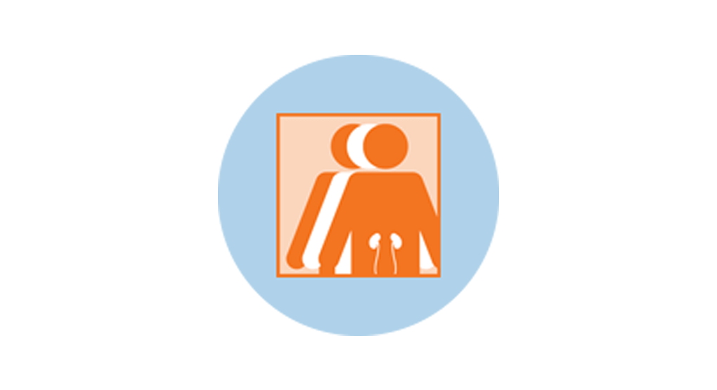  An icon for kidney cancer showing 3 figures. The orange figure in front has an outline of the kidneys.