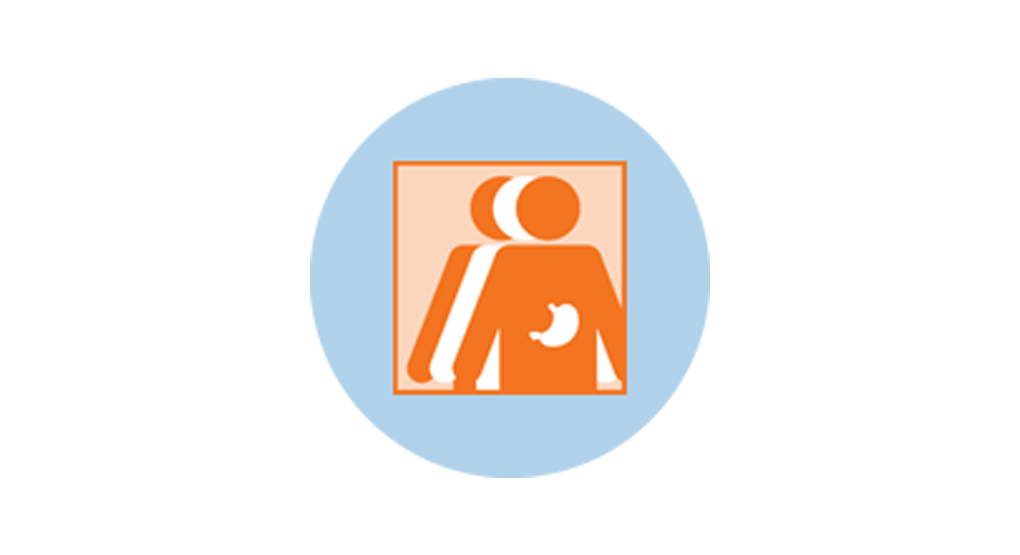 An icon for stomach cancer showing 3 figures. The orange figure in front has an outline of the stomach.