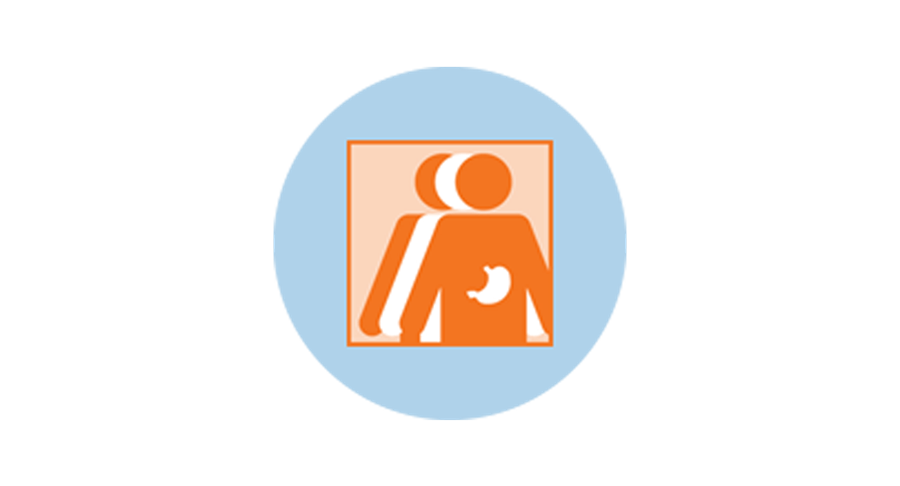 An icon for stomach cancer showing 3 figures. The orange figure in front has an outline of the stomach.