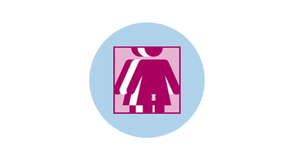 An icon for cervical cancer showing 3 figures. The pink figure in front has an outline of the uterus.