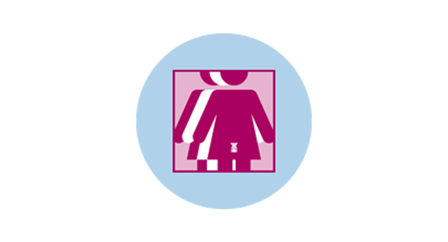 An icon for cervical cancer showing 3 figures. The pink figure in front has an outline of the uterus.