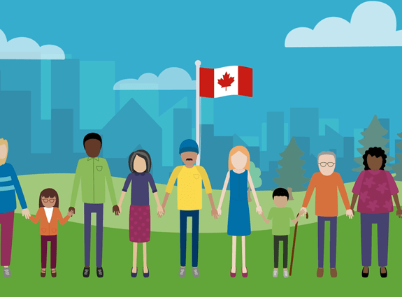 10 personnes se tenant la main debout devant un drapeau canadien et un paysage urbain