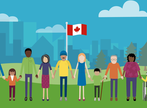 10 people stand in front of a Canadian flag and cityscape holding hands