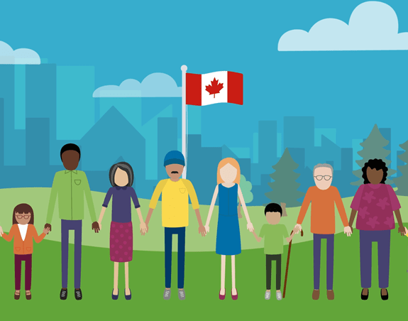 10 personnes se tenant la main debout devant un drapeau canadien et un paysage urbain