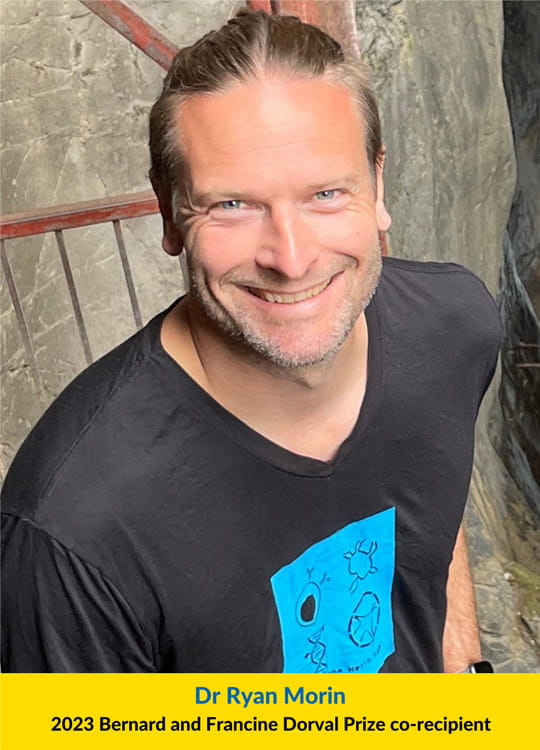 A photo of 2023 Bernard and Francine Dorval Prize co-recipient, Dr Ryan Morin.