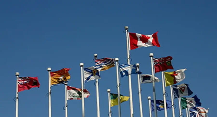 The Canadian flag and all provincial flags waving against a blue sky