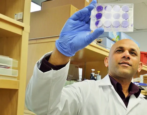 Dr Shashi Gujar looks at lab samples in a spot plate he’s holding up