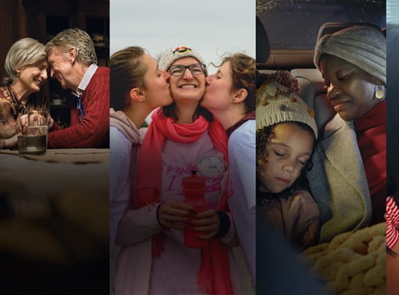 A mother and child in the snow, a couple at the dinner table, a woman is kissed on her cheeks, mother and child asleep in their car, two women and a baby.