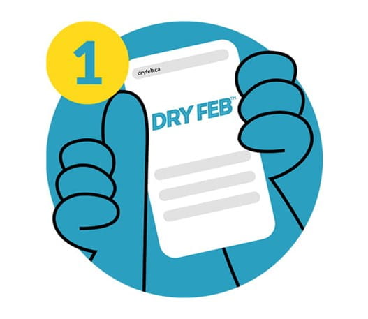 Icon of cartoon hand holding a cellphone that says Dry Feb