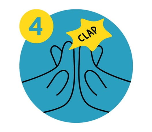 Icon of two hands high-fiving and speech bubble reads ‘clap’