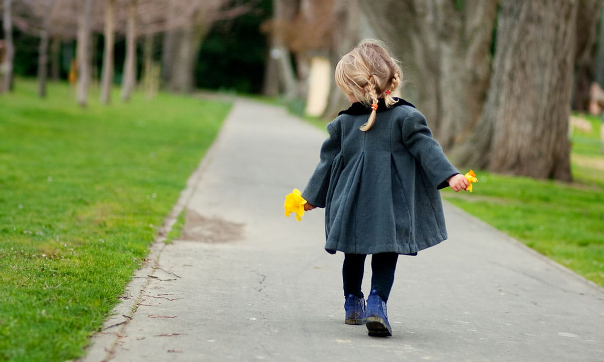 Jeune enfant marchant les mains pleines de jonquilles jaunes.