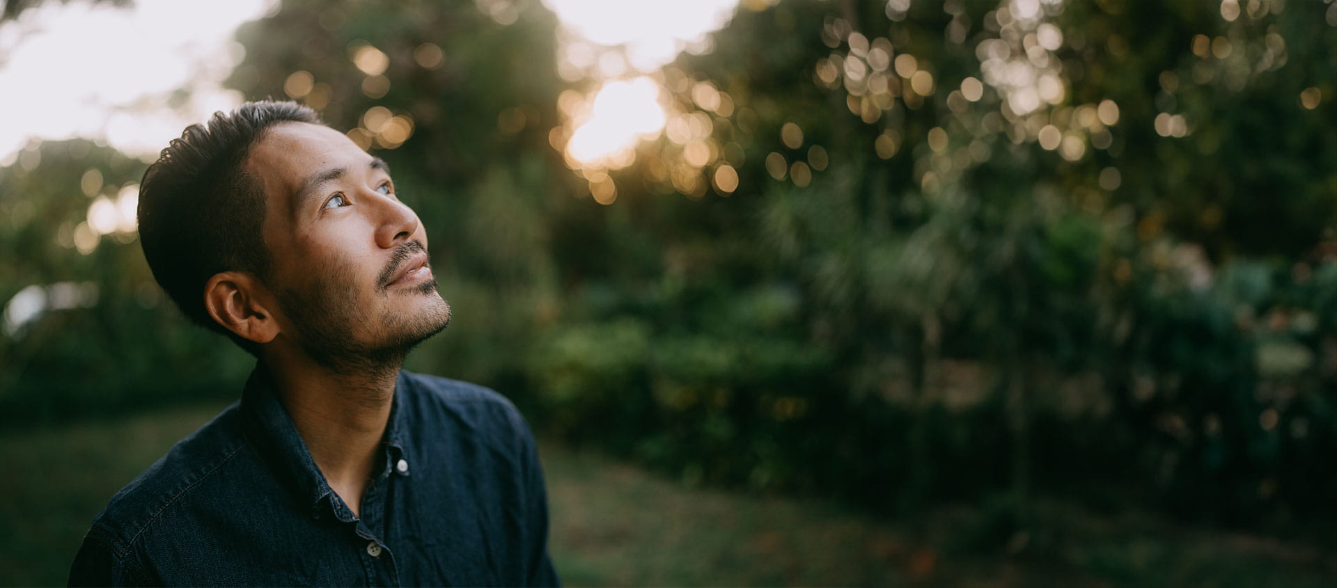 Man looking up to the sky in a forest 