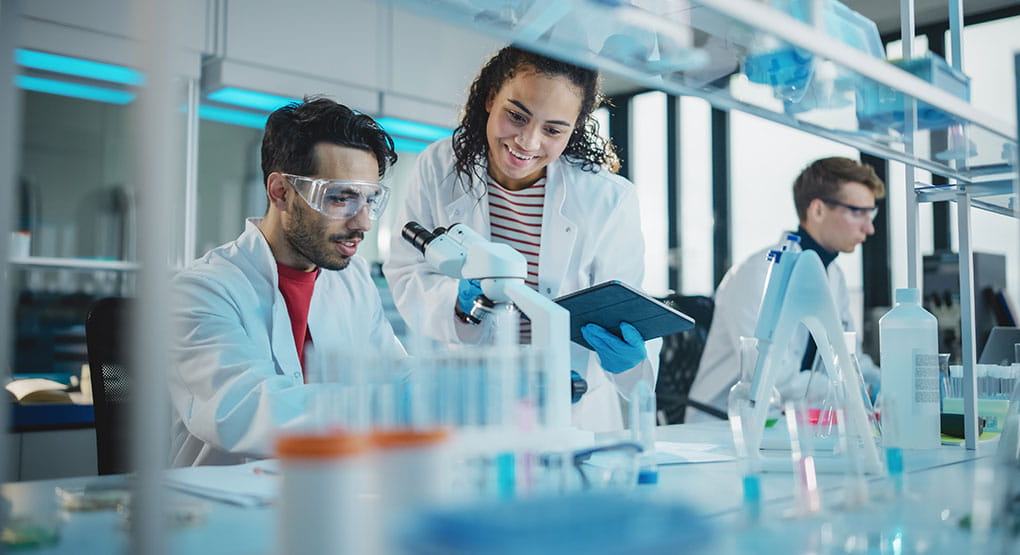 Deux chercheurs travaillant dans un laboratoire devant un microscope