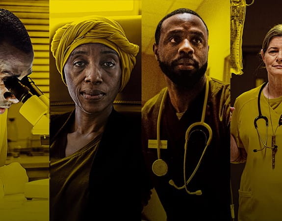 Quatre personnes, dont un chercheur, un patient et deux professionnels de la santé, dans une image teintée de jaune.